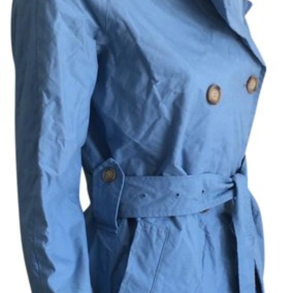 Burberry Blue W Double Breasted Short Trench Coat/Jacket W/Nova Check Lining Jac